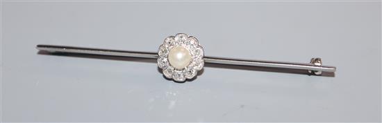 A white metal, cultured pearl and diamond set cluster bar brooch, 63mm.